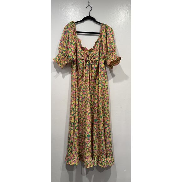 ASOS Neon Rose Milkmaid MIDI Tea Dress Women’s Plus Size 20 Ditsy Floral Print - Picture 1 of 8